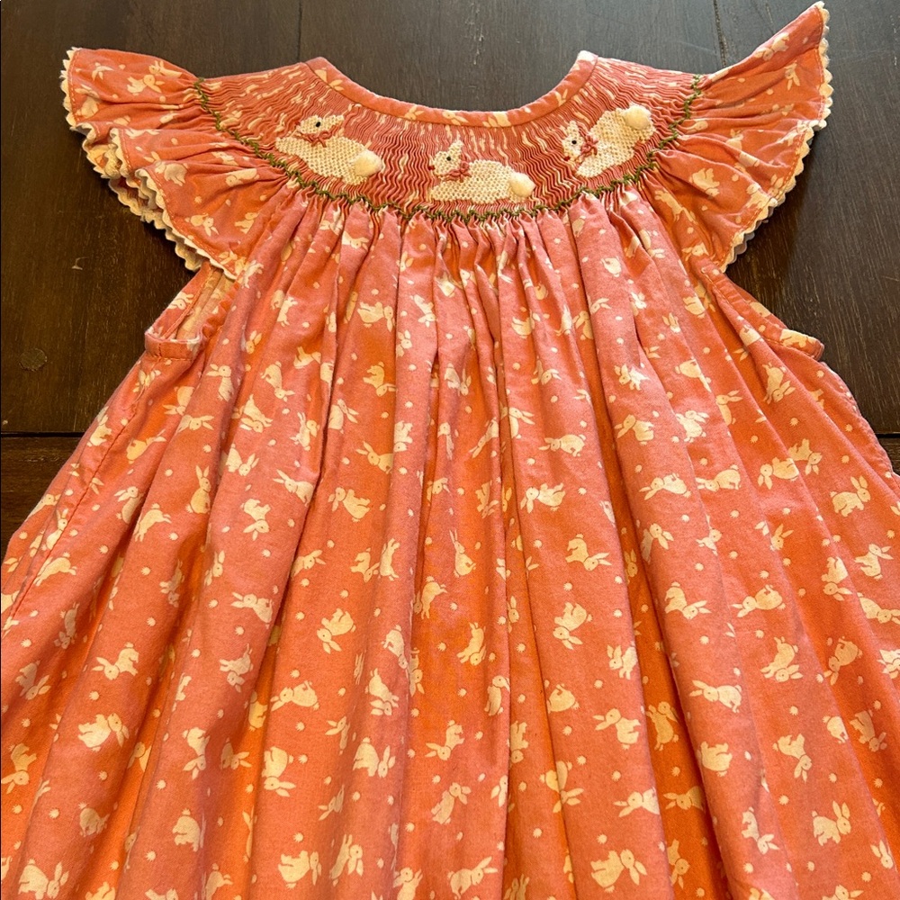 Silly Goose Smocked Bunnies Pink Cotton Flutter Sleeve Dress